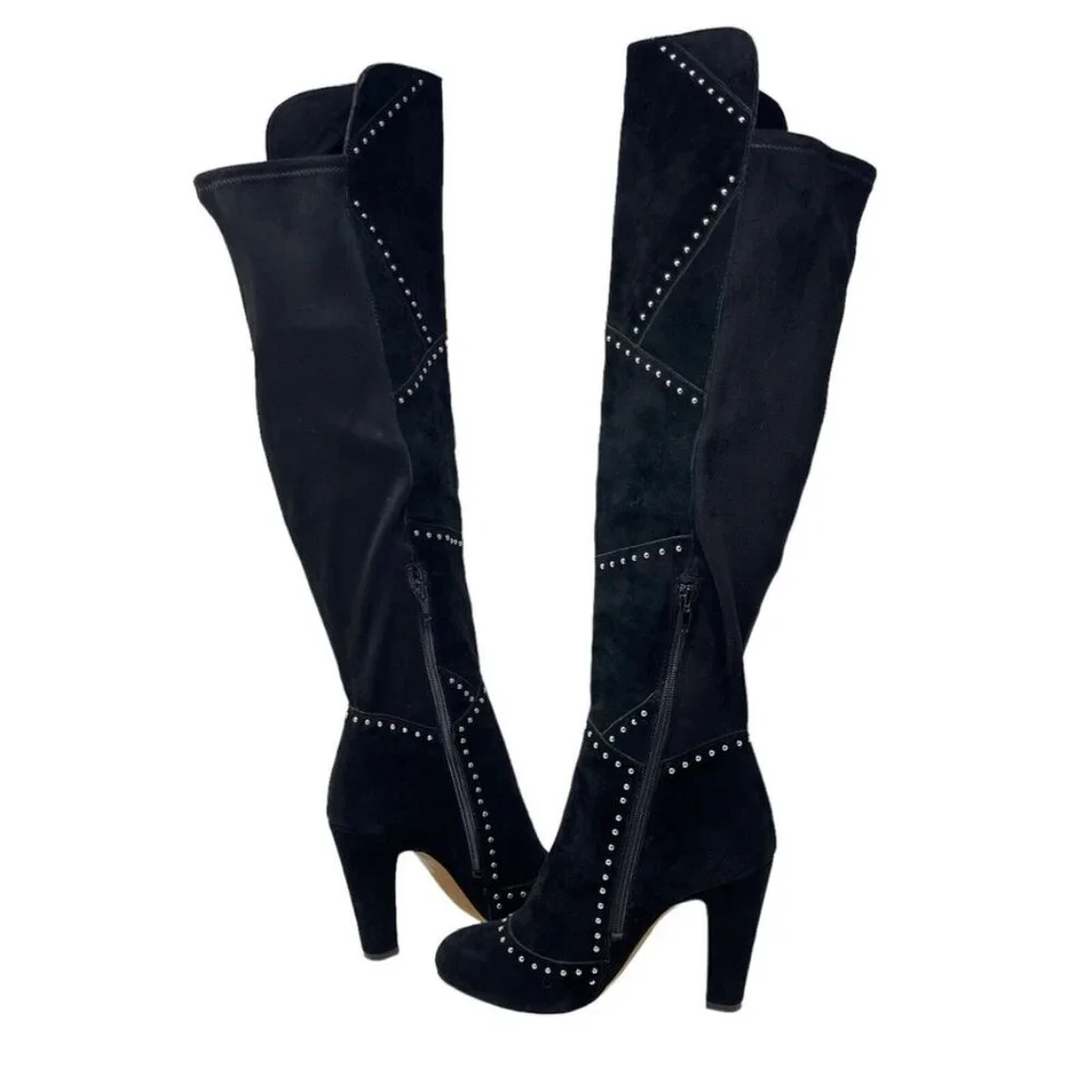 NWOB Vince Camuto VP Carlene Black Embellished Leather Suede Over The Knee Bo…